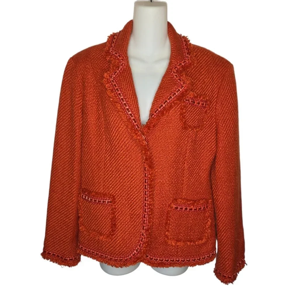 Dialogue Women's Tweed Orange Lined Textured Blazer Jacket Coat Size 12